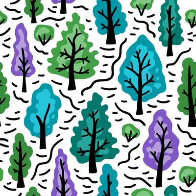 Bright forest funny seamless pattern. Nature cheerful children trees background. For children textiles, hand-drawn for babies. Northern winter forest
