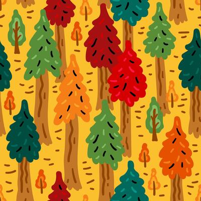 Bright forest funny cartoon seamless pattern. Nature cheerful children trees background. For children textiles, hand-drawn for babies. Northern autumn forest