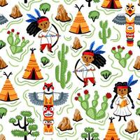 Bright children seamless pattern with American native indians. Childish background. Cheerful characters with animals and plants. Wigwam, totem, cactus vector