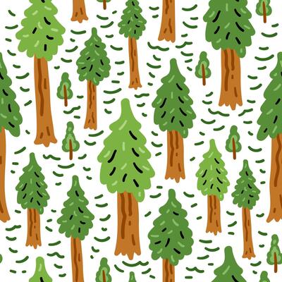 Bright forest funny cartoon seamless pattern. Nature cheerful children trees background. For children's textiles, hand-drawn for babies.