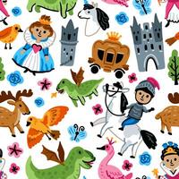 Bright children seamless pattern with fairy tale characters. Middle Ages magic legends Kingdom elements. Childish background. Princess, Knight, Castle and unicorn and Dragon vector