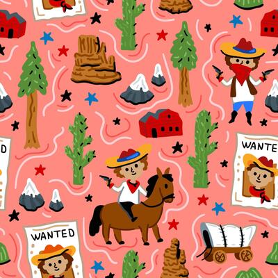 Bright children rosy seamless pattern with American western cowboy from wild west rural Landscape. Childish background. Wild West. Texas. Cheerful characters with animals and plants.