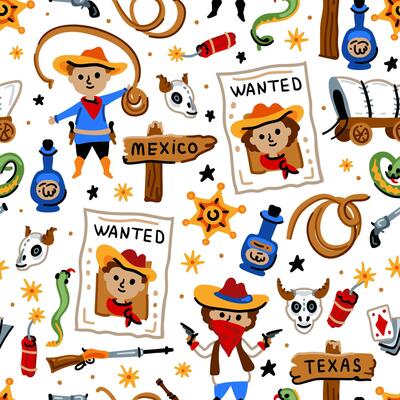 Cowboy native American western pattern. Bright children seamless with American western cowboy from wild west rural Landscape. Cheerful characters with animals and plants.