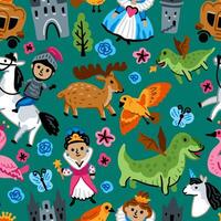 Bright seamless pattern with fairy tale characters. Middle Ages magic legends Kingdom elements. Childish background. Princess, Knight, Castle and unicorn and Dragon vector
