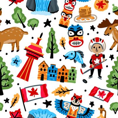 Bright cheerful children seamless pattern with symbols of Canada. American Indian, maple leaf, grizzly, Niagara waterfall. Alaska landmarks. Childish Forest travel background.