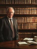 A respected professor stands proudly in a suit, surrounded by shelves of books, expressing wisdom and experience in a scholarly environment. photo