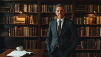A confident professor in a suit poses in front of a comprehensive bookshelf, highlighting his scholarly environment and expertise. photo