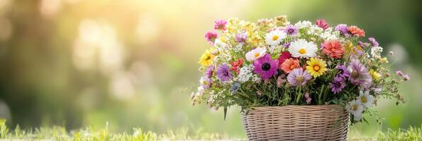 The wicker basket displays an array of mixed seasonal flowers, creating a cheerful and colorful aesthetic against a serene natural backdrop. photo