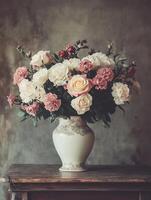 A stunning arrangement of roses and carnations fills a vintage vase, elegantly displayed on an antique wooden table with charm. photo