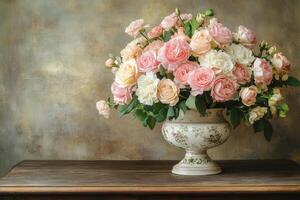 Delicate pink and white roses mingle with fragrant carnations in an elegant vintage vase atop a rustic wooden table. photo