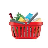 red grocery basket with products on white background vector