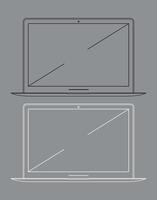 linear white icon of laptop with diagonal on white background vector