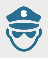 stylized blue icon of a police officer's face in a cap on a white background vector