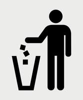 black and white icon of trash container and person on white background vector