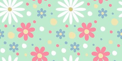 Summer pattern with flowers in pastel colors on a green background vector