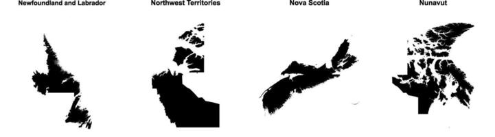 Newfoundland and Labrador, Northwest Territories, Nova Scotia, Nunavut outline maps vector
