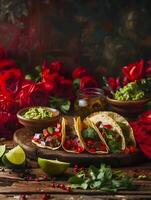 Tacos with red peppers and red roses on a wooden table photo