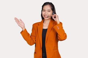 Beautiful Young Customer Service Representative Agent Presenting or Explaining Isolated On Background photo