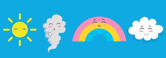 Cute weather characters with smiling sun, cloud, rainbow, and wind on a bright blue background. Cute cartoon weather forecaster characters with funny faces. vector