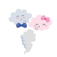 Cute cartoon clouds blowing wind with smiling faces, blue and pink with bows in a playful weather theme. Cute weather forecaster characters with funny faces. vector