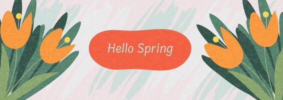 Spring floral banner with tulip illustrations and a handwritten Hello Spring message in a pastel artistic background vector