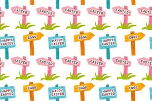 A seamless festive pattern featuring Easter directional signposts with Happy Easter, Eggs, and Easter text on a white background. Ideal for wrapping paper, textiles, and seasonal designs. vector