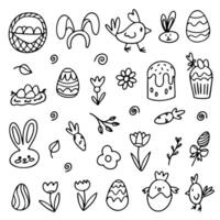 A collection of black-and-white hand-drawn Easter doodles featuring eggs, bunnies, chicks, flowers, and festive treats. Perfect for greeting cards, invitations, and digital designs. vector