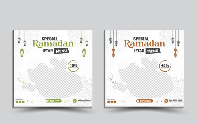 Ramadan Kareem Iftar Special Food Menu Restaurant Design For Social Media Promotional Ads Post, Web Banner, Flyer, Leaflet, Poster template with stars and lantern decoration with mockup