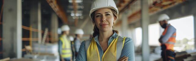 A woman in a hard hat standing in front of construction workers photo