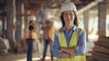 A woman in a hard hat standing in front of a construction site photo