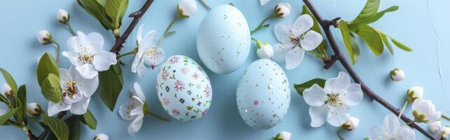 Three easter eggs with flowers on a blue background photo