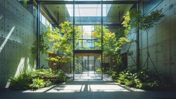 The entrance to a building with plants and trees photo