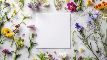 A blank sheet of paper surrounded by flowers photo