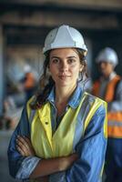 Female construction worker standing in front of other workers photo