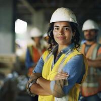 A woman in a hard hat and safety vest standing in front of other workers photo