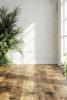 An empty room with a wooden floor and a potted plant photo