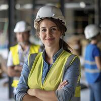A woman in a hard hat and vest standing in front of other workers photo