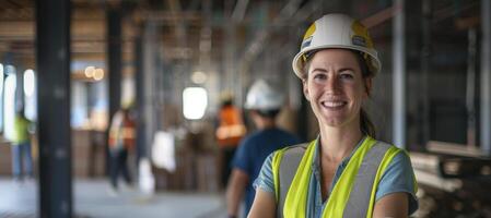 A woman in a hard hat and vest standing in a construction area photo