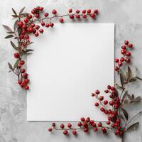 Christmas frame with red berries on concrete background photo