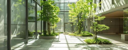 A large building with lots of plants and trees photo