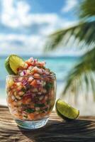 A bowl of fresh salsa on a wooden table with a palm tree in the background photo
