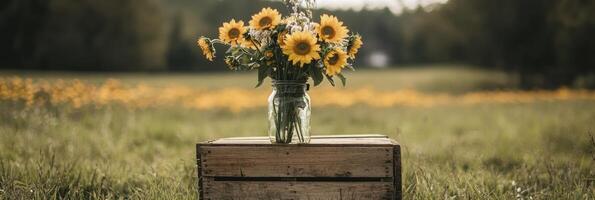 Sunflowers in a vase on a wooden crate in a field photo