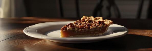A piece of pie on a plate on a table photo