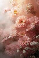 Pink flowers are in the air with a foggy background photo