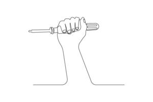 Hand holding a screwdriver continuous line art drawing. Hand-drawn screwdriver outline isolated on white background. vector