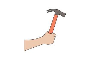 Hand holding a hammer continuous line art drawing. vector