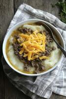 Mashed potatoes and ground beef soup photo