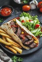 Grilled beef and vegetables in a tortilla with tomato sauce on a black background photo