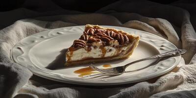 A piece of pie on a plate with a fork photo
