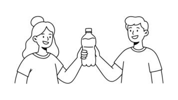 Two people holding a water bottle. Outline icon that can be used on websites and apps. vector